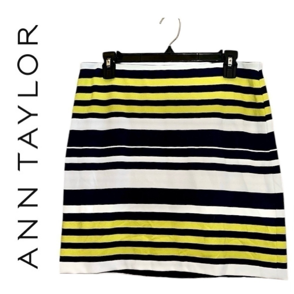 ANN TAYLOR Navy Lime Green Horizontal Stripe Skirt Stretch Straight Petite 10
